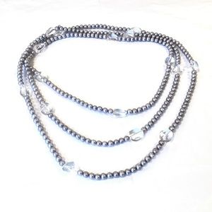 Grey Pearls & Clear Quartz Beaded Strand Necklace 64" Long